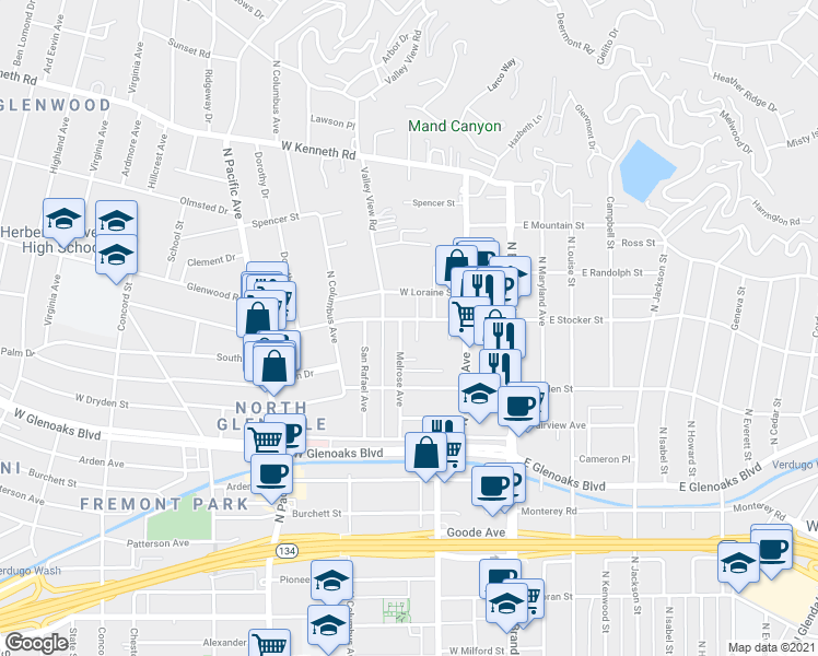 map of restaurants, bars, coffee shops, grocery stores, and more near 1201 Viola Avenue in Glendale