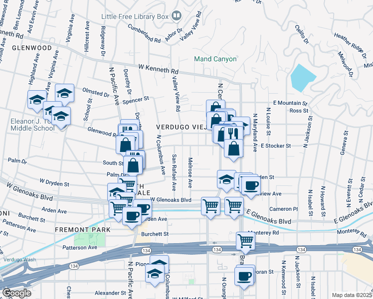 map of restaurants, bars, coffee shops, grocery stores, and more near 1204 Valley View Road in Glendale