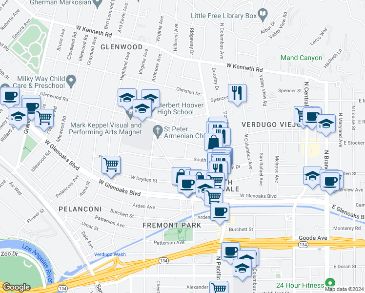 map of restaurants, bars, coffee shops, grocery stores, and more near 565 West Stocker Street in Glendale