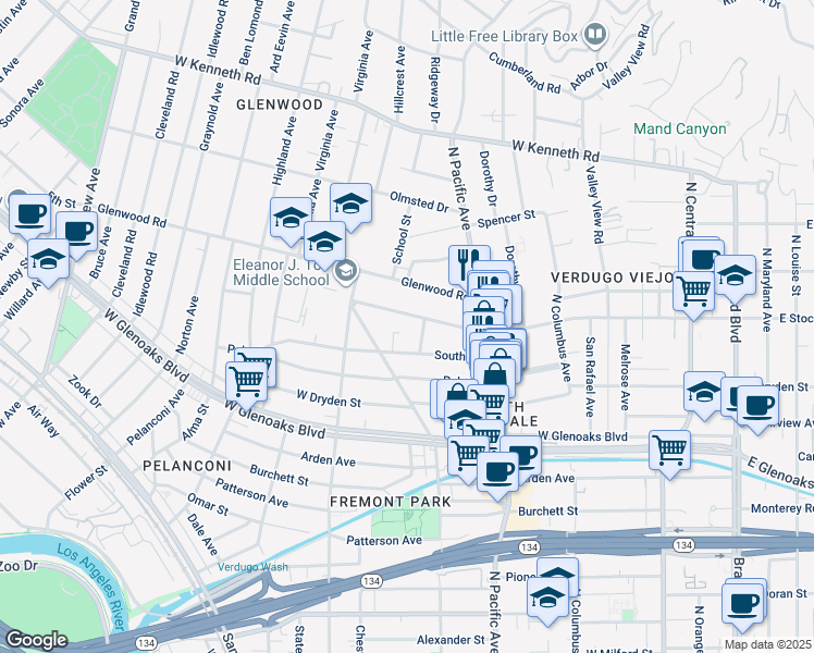 map of restaurants, bars, coffee shops, grocery stores, and more near 565 West Stocker Street in Glendale