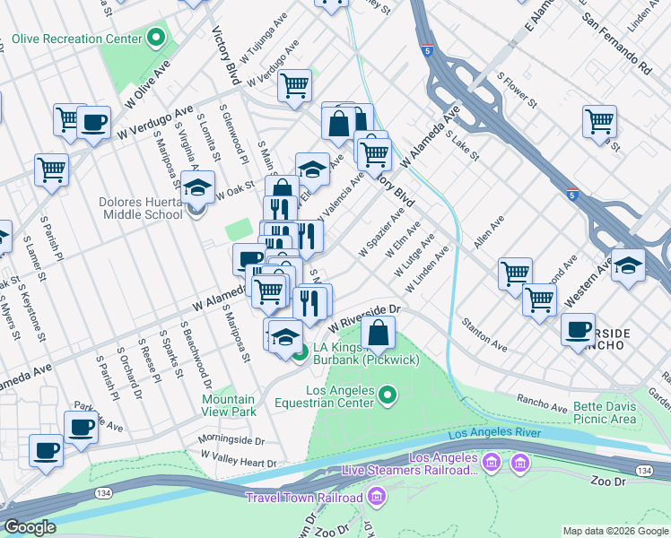 map of restaurants, bars, coffee shops, grocery stores, and more near 419 West Alameda Avenue in Burbank