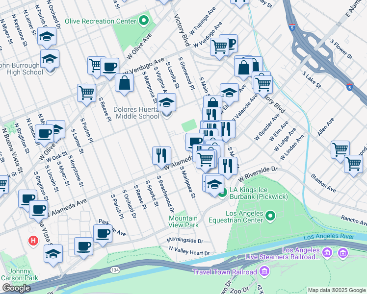 map of restaurants, bars, coffee shops, grocery stores, and more near 517 South Shelton Street in Burbank