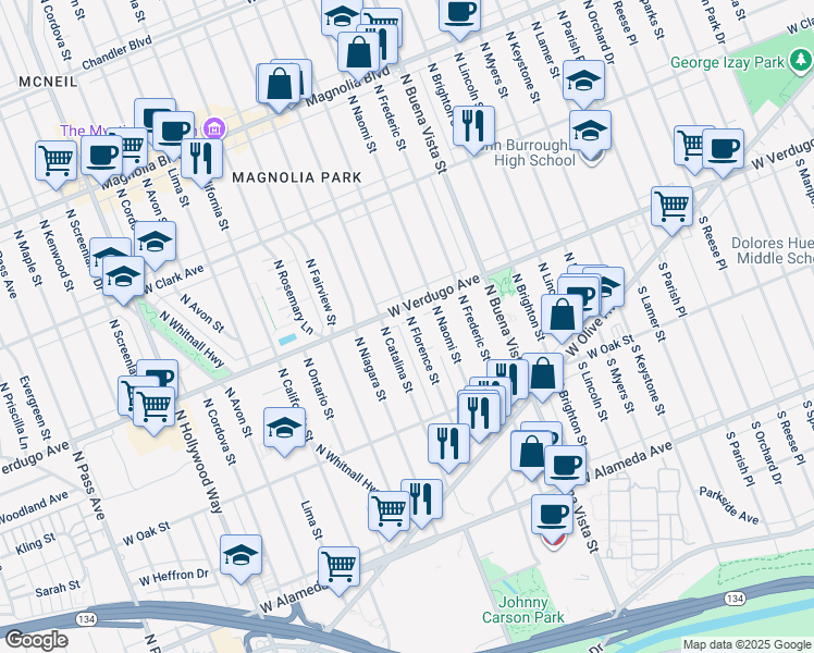map of restaurants, bars, coffee shops, grocery stores, and more near 2807 West Verdugo Avenue in Burbank