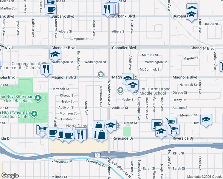 map of restaurants, bars, coffee shops, grocery stores, and more near 5130 Woodman Avenue in Los Angeles