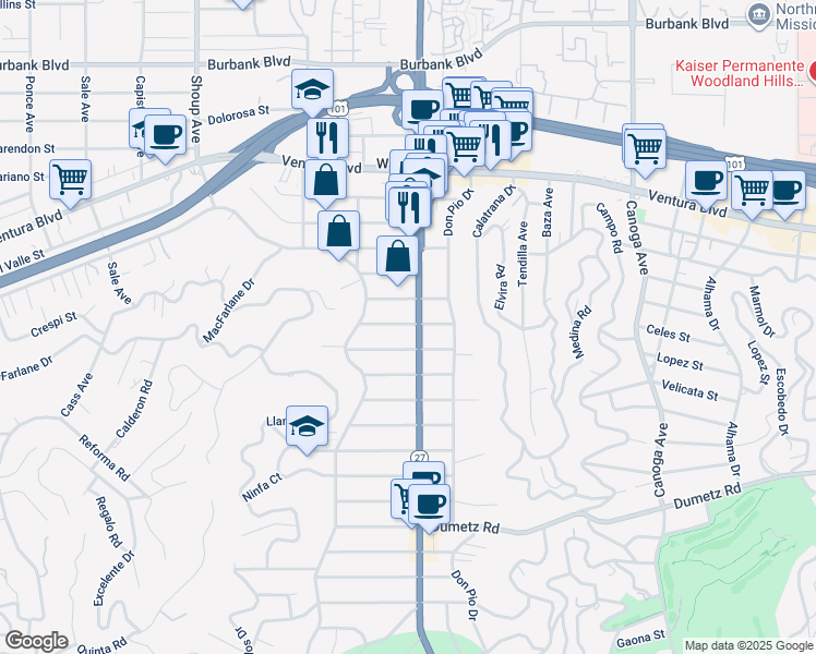 map of restaurants, bars, coffee shops, grocery stores, and more near 22014 De La Guerra Street in Los Angeles