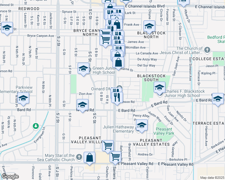 map of restaurants, bars, coffee shops, grocery stores, and more near 3901 Saviers Road in Oxnard