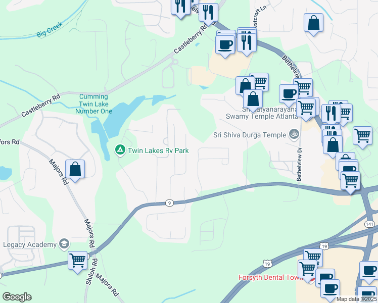 map of restaurants, bars, coffee shops, grocery stores, and more near 3067 Kentmere Drive in Cumming