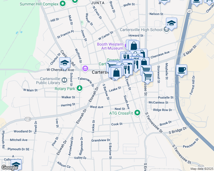 map of restaurants, bars, coffee shops, grocery stores, and more near 178 West Main Street in Cartersville