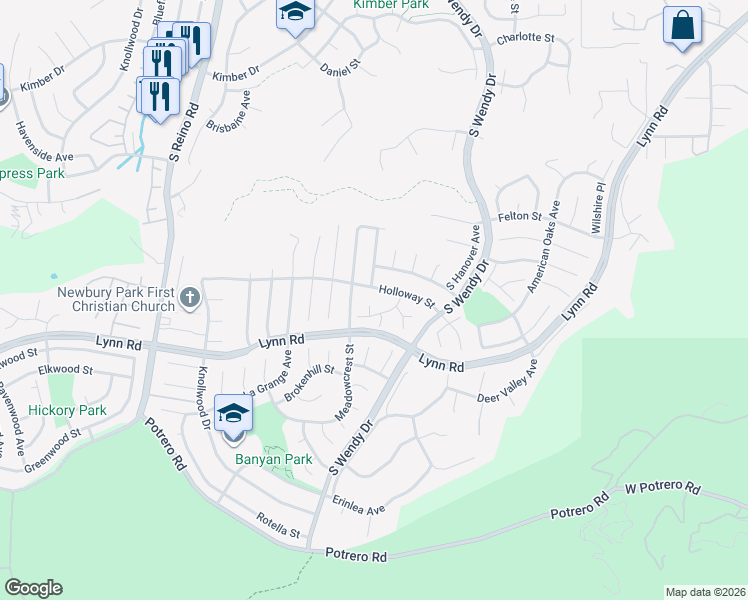 map of restaurants, bars, coffee shops, grocery stores, and more near 3348 Holloway Street in Thousand Oaks
