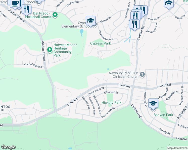 map of restaurants, bars, coffee shops, grocery stores, and more near 4171 Churchill Drive in Thousand Oaks