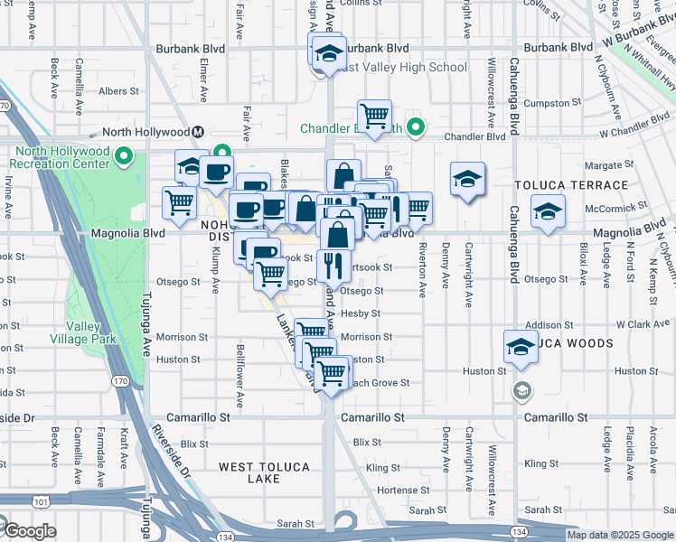 map of restaurants, bars, coffee shops, grocery stores, and more near 10939 Hartsook Street in Los Angeles