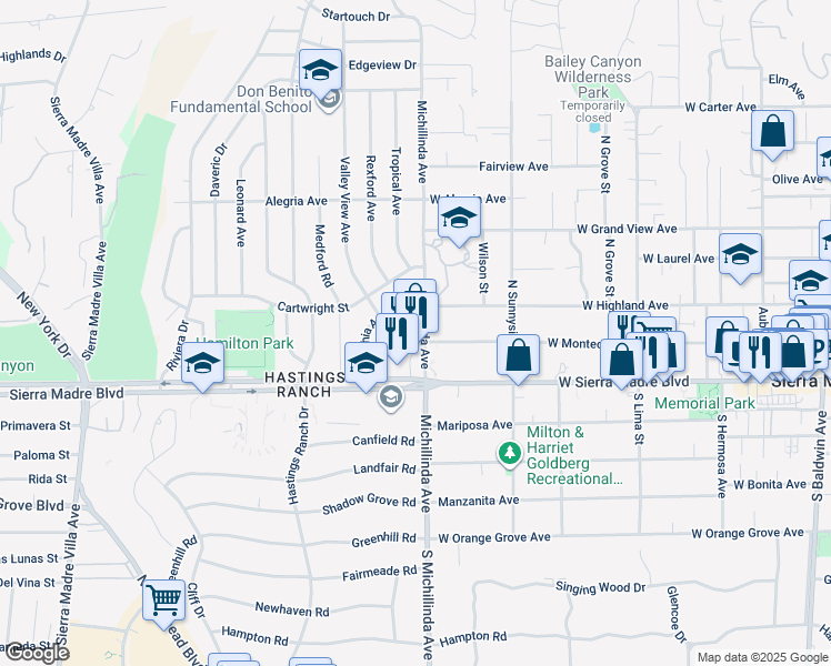 map of restaurants, bars, coffee shops, grocery stores, and more near 985 North Michillinda Avenue in Pasadena
