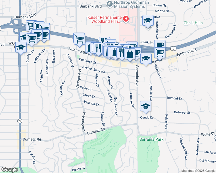 map of restaurants, bars, coffee shops, grocery stores, and more near 5102 Escobedo Drive in Los Angeles