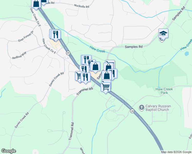 map of restaurants, bars, coffee shops, grocery stores, and more near 1655 Buford Highway in Cumming