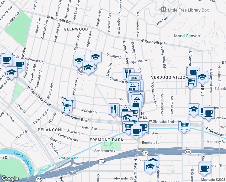 map of restaurants, bars, coffee shops, grocery stores, and more near 570 West Stocker Street in Glendale