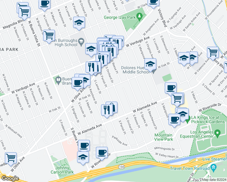 map of restaurants, bars, coffee shops, grocery stores, and more near 317 South Orchard Drive in Burbank