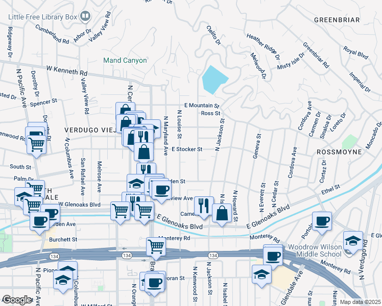map of restaurants, bars, coffee shops, grocery stores, and more near 320 East Stocker Street in Glendale