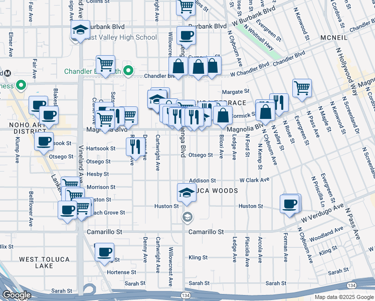 map of restaurants, bars, coffee shops, grocery stores, and more near 5110 Cahuenga Boulevard in Los Angeles