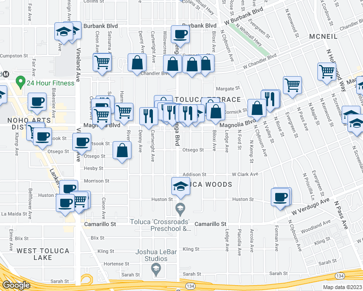 map of restaurants, bars, coffee shops, grocery stores, and more near 5110 Cahuenga Boulevard in Los Angeles