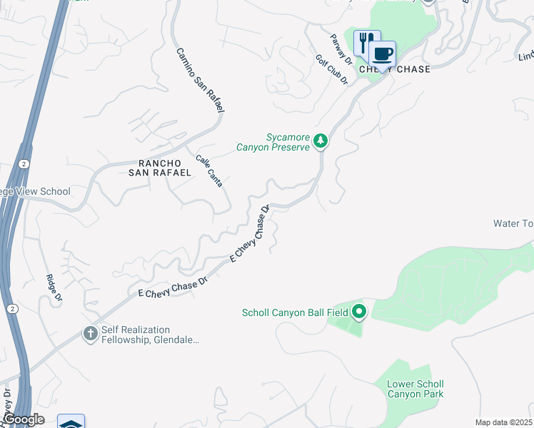 map of restaurants, bars, coffee shops, grocery stores, and more near 2612 East Chevy Chase Drive in Glendale