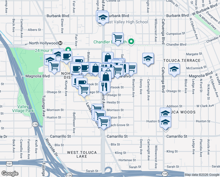 map of restaurants, bars, coffee shops, grocery stores, and more near 10939 Hartsook Street in Los Angeles