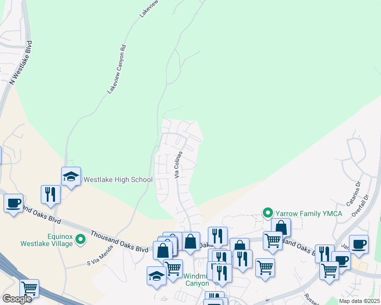 map of restaurants, bars, coffee shops, grocery stores, and more near 514 Via Colinas in Westlake Village