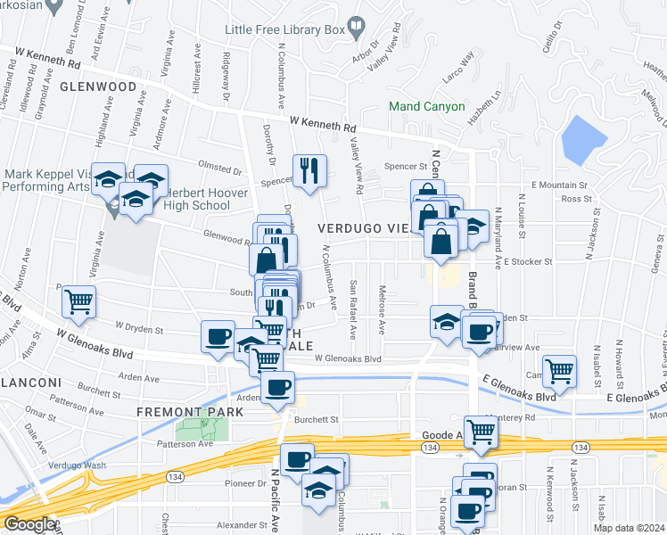 map of restaurants, bars, coffee shops, grocery stores, and more near 352 West Stocker Street in Glendale