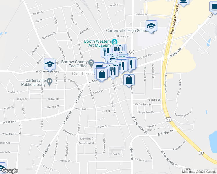 map of restaurants, bars, coffee shops, grocery stores, and more near 107 Leake Street in Cartersville