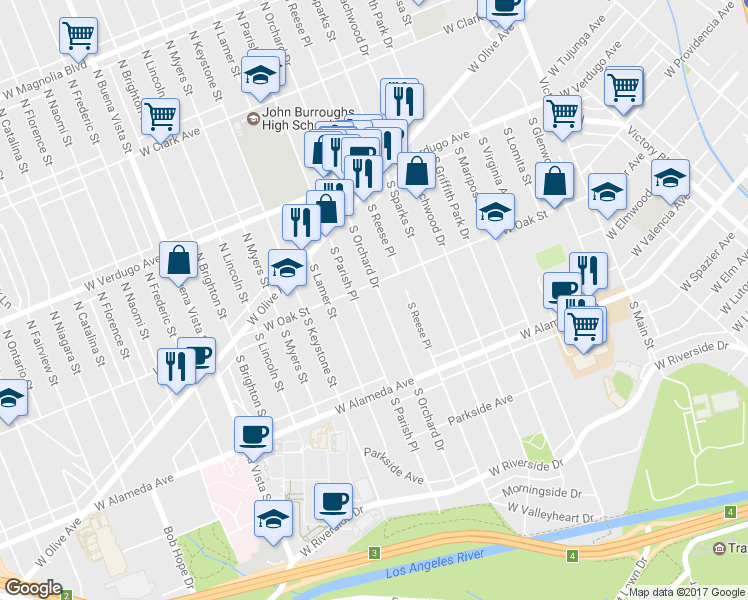 map of restaurants, bars, coffee shops, grocery stores, and more near 317 South Orchard Drive in Burbank
