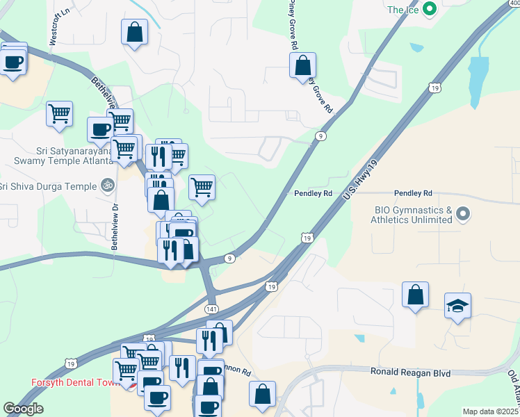 map of restaurants, bars, coffee shops, grocery stores, and more near 2024 Atlanta Highway in Cumming
