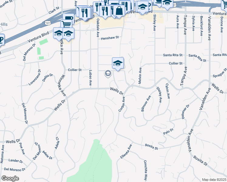 map of restaurants, bars, coffee shops, grocery stores, and more near 19750 Wells Drive in Los Angeles