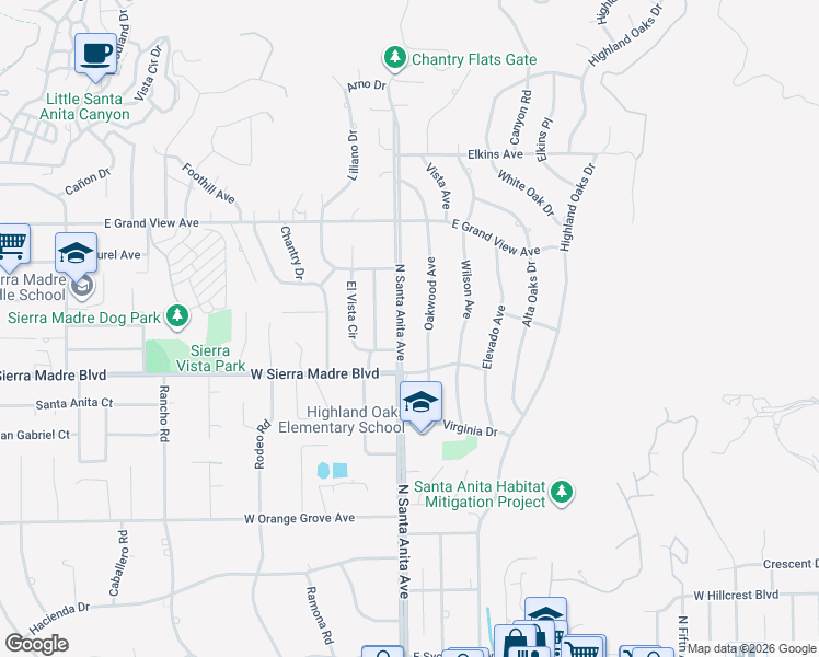 map of restaurants, bars, coffee shops, grocery stores, and more near 2 North Santa Anita Avenue in Arcadia
