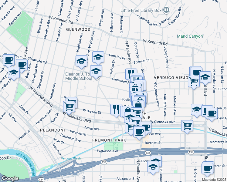 map of restaurants, bars, coffee shops, grocery stores, and more near 580 West Stocker Street in Glendale