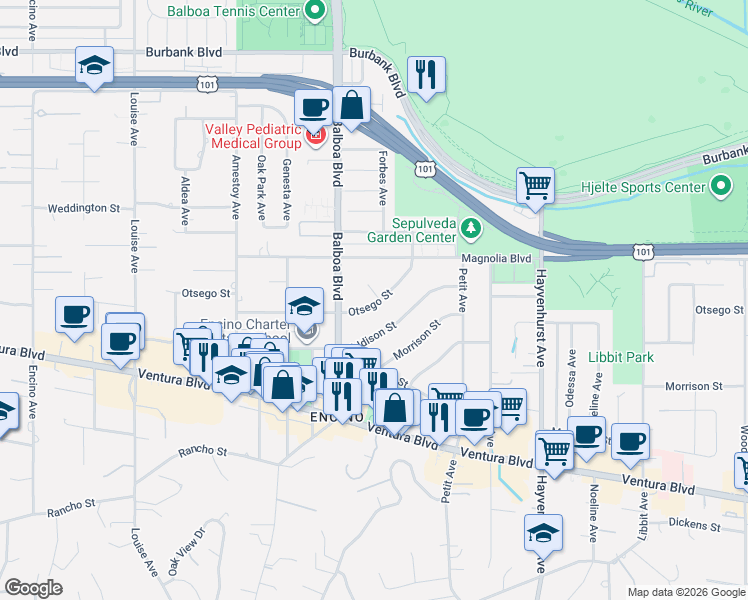map of restaurants, bars, coffee shops, grocery stores, and more near 16805 Otsego Street in Los Angeles