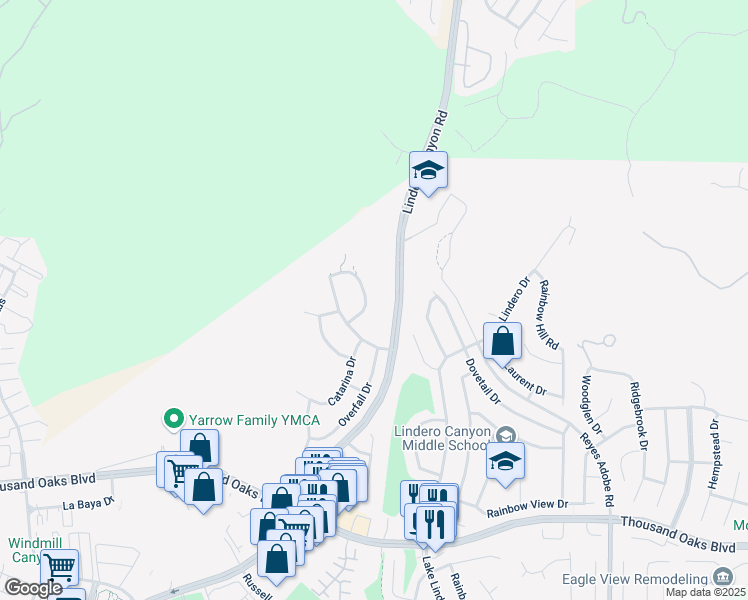 map of restaurants, bars, coffee shops, grocery stores, and more near 6156 Landino Drive in Westlake Village