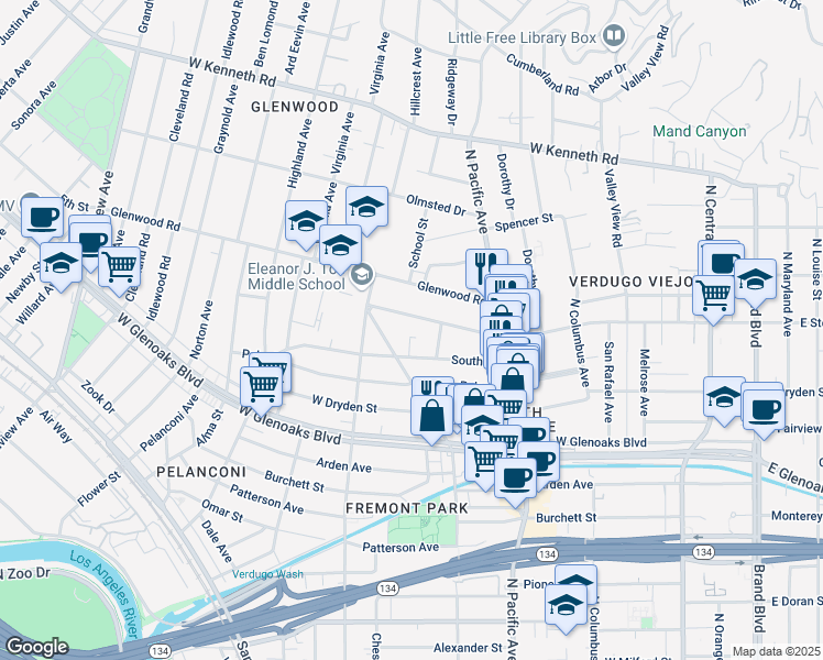 map of restaurants, bars, coffee shops, grocery stores, and more near 600 West Stocker Street in Glendale