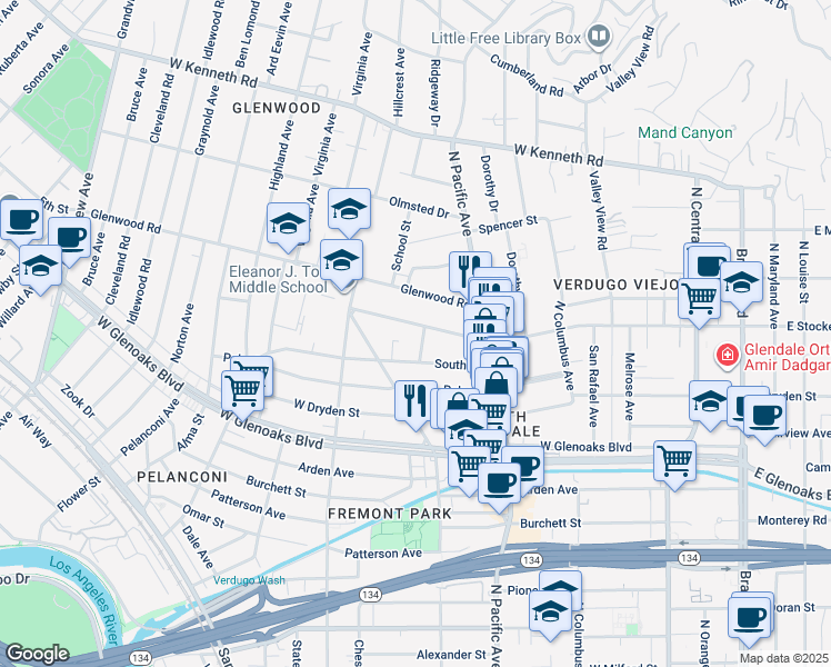 map of restaurants, bars, coffee shops, grocery stores, and more near 570 West Stocker Street in Glendale