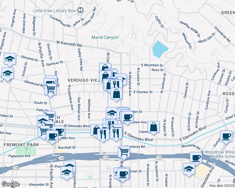 map of restaurants, bars, coffee shops, grocery stores, and more near 1155 North Brand Boulevard in Glendale