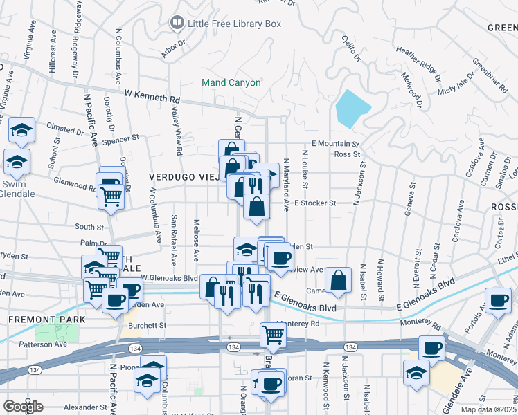 map of restaurants, bars, coffee shops, grocery stores, and more near 1155 North Brand Boulevard in Glendale