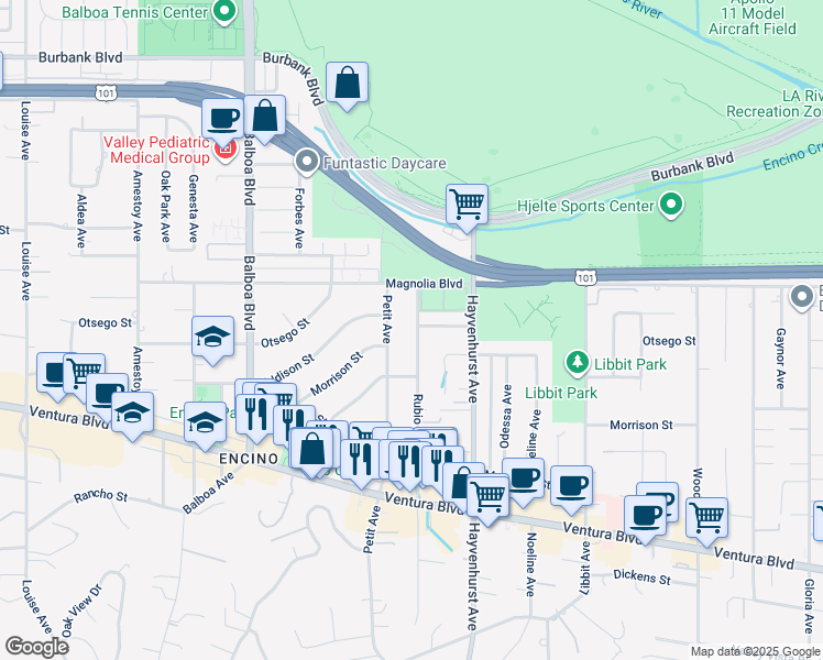 map of restaurants, bars, coffee shops, grocery stores, and more near 5111 Rubio Avenue in Los Angeles