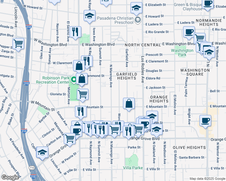 map of restaurants, bars, coffee shops, grocery stores, and more near 1022 North Marengo Avenue in Pasadena