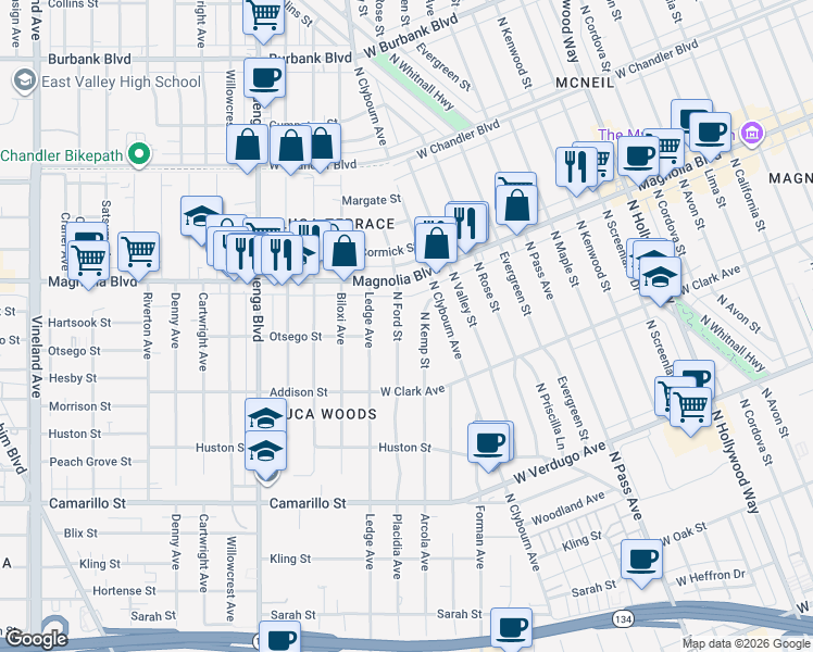 map of restaurants, bars, coffee shops, grocery stores, and more near 906 North Ford Street in Burbank