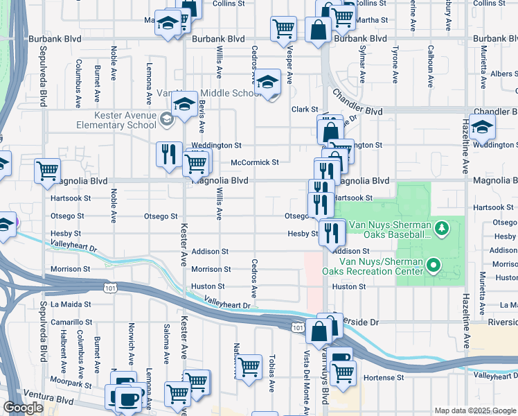 map of restaurants, bars, coffee shops, grocery stores, and more near 5114 Cedros Avenue in Los Angeles