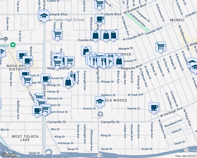 map of restaurants, bars, coffee shops, grocery stores, and more near 5129 Cahuenga Boulevard in Los Angeles