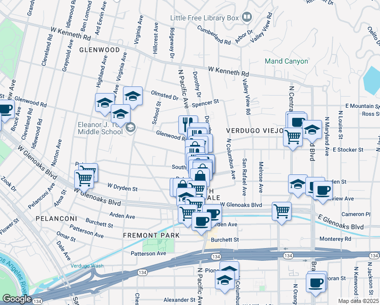 map of restaurants, bars, coffee shops, grocery stores, and more near 508 Glenwood Road in Glendale
