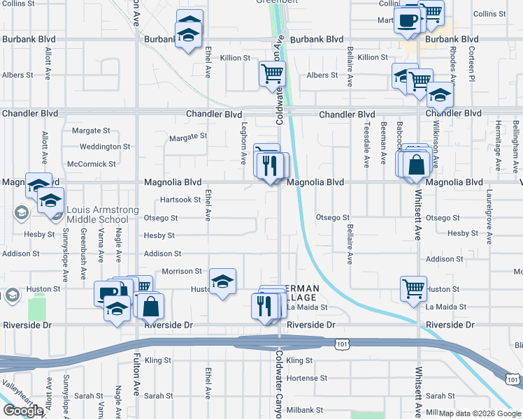 map of restaurants, bars, coffee shops, grocery stores, and more near 5112 Van Noord Avenue in Los Angeles