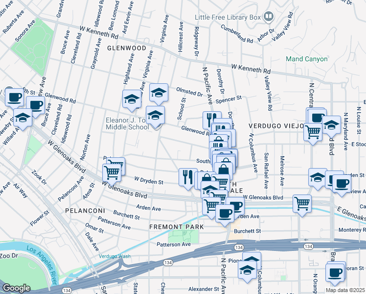 map of restaurants, bars, coffee shops, grocery stores, and more near 580 West Stocker Street in Glendale
