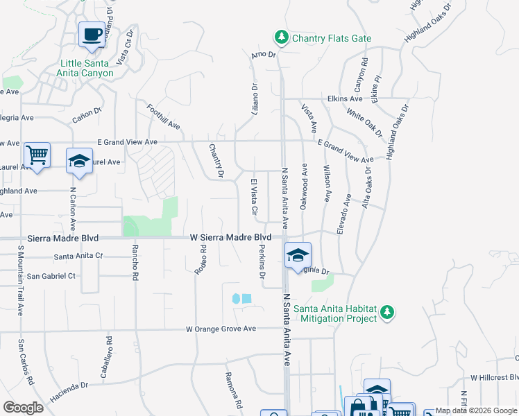 map of restaurants, bars, coffee shops, grocery stores, and more near 1756 El Vista Circle in Arcadia