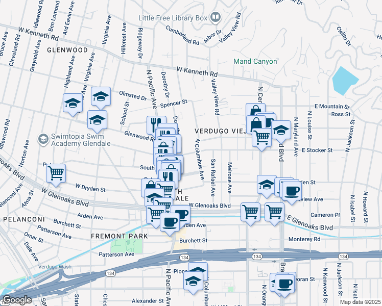 map of restaurants, bars, coffee shops, grocery stores, and more near West Stocker Street in Glendale