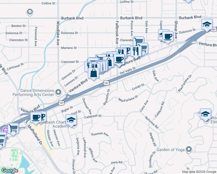 map of restaurants, bars, coffee shops, grocery stores, and more near 5115 Rigoletto Street in Los Angeles